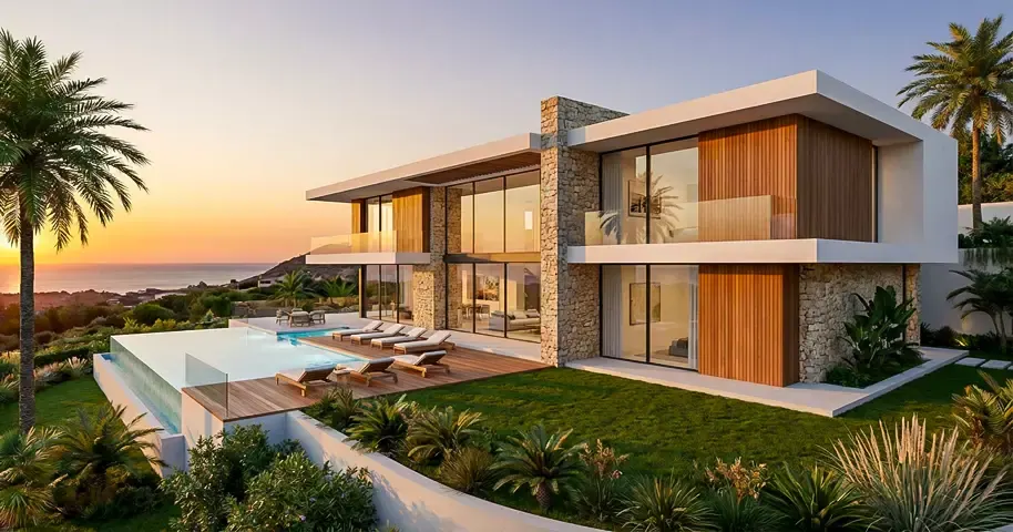 Gün batımında havuzlu lüks villa, ahşap kaplama cephe ve teras oturma alanı